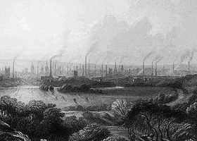 Les manufactures alimentées au charbon de Manchester au XIXe siècle. Les progrès technologiques qui ont permis l'utilisation du charbon durant la Révolution industrielle ont augmenté de manière substantielle la consommation de ce combustible. (Source: Wikipédia)